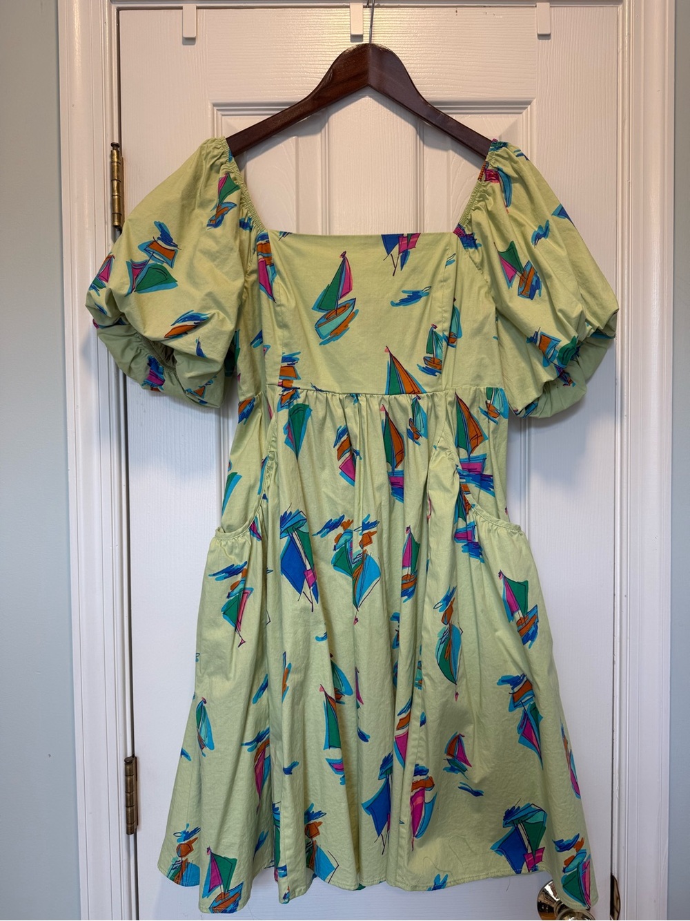 Easel Lime Green Puff Sleeve Sailboat Print Dress